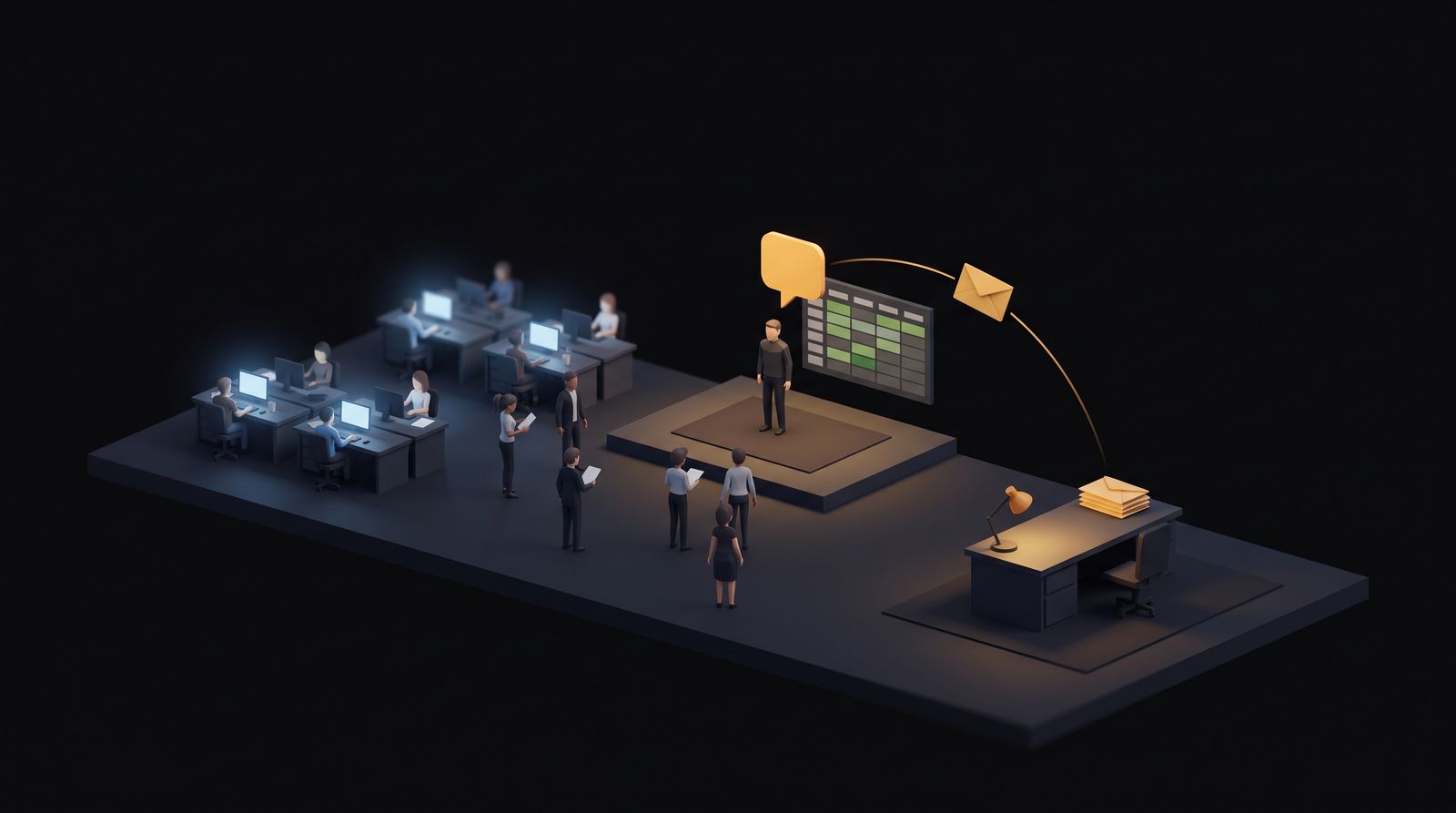 Illustration : un bureau vu d'en haut, la nuit. Des employés à leurs postes devant des écrans bleus, une estrade avec un tableau de mission, et au premier plan le bureau du CEO éclairé par une lampe ambre.